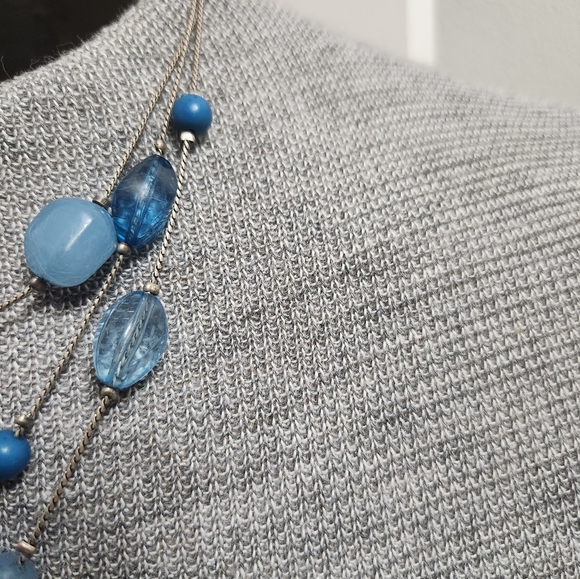 Blue Beaded Necklace Silver Tone 3 Strand - Picture 3 of 6